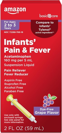 [BRSWYZINOBYWEF3B] Basic Care Infants' Pain & Fever, Acetaminophen 160 mg per 5 ml, Suspension Liquid, Dye-Free Grape Flavor, 2 fl oz (Pack av 1)