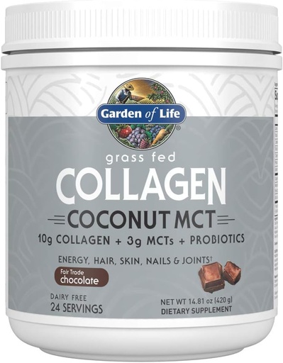 [BRSWYY32BB5QKHI4] Garden of Life Grass Fed Collagen Coconut MCT Powder - Chocolate, 24 Servings, Collagen Peptides Powder Supplement for Energy Hair Skin Nails Joints, Coconut MCTs & Probiotics