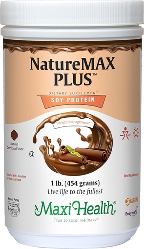 [BRSWIYAKCUOQ2E3E] Maxi-Health NatureMAX Plus 能量支持 饮用大豆蛋白粉 - 无糖饮食补充 - 20g 蛋白质 Per service - 天然巧克力 Flavor - Kosher 维生素 - 1lb