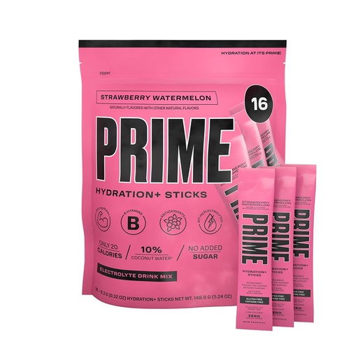 [BRSROFIKAAHQAF3J] PRIME HYDRATION+ Sticks Strawberry Watermelon | Hydration Powder Single Serve Sticks | Electrolyte Powder On The Go | Low Sugar | Caffeine-Free | Vegan | 16 Sticks