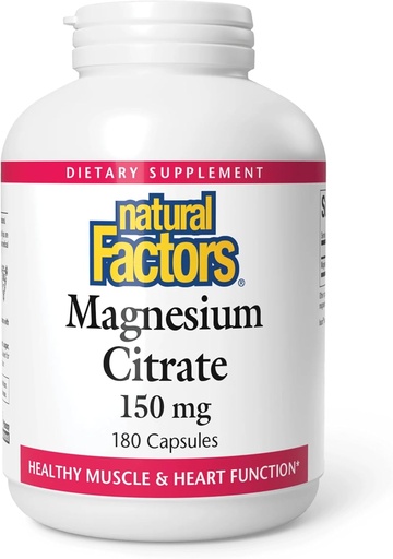 [BRSWIEY6C5YBGF34] Naturlige faktorer, Magnesium Citrat 150 mg, Muskel- og hjertehelseformula, 180 kapsler