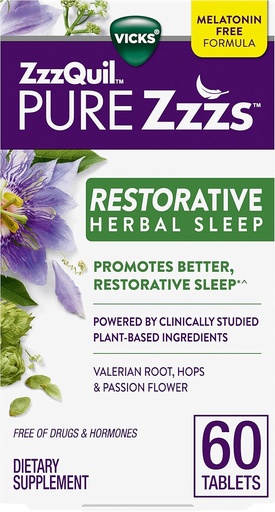 [BRSW2ZAECANGO3A3] ZzzQuil PURE Zzzs Restorative Herbal Sleep, Tablets, Free of Drugs and Hormones, Melatonin-Free Formula, Valerian Root, Hops, Passion Flower, Sleep Aids for Adults, 60 Count