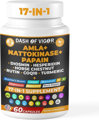 [BRSRAFQDBYIWYCD7] Dash of Vigor 17-in-1 Amla Extract, Papain Supplement, Nattokinase Diosmin Supplément Hespéridin, CoQ10 avec extrait curcuma, extrait de châtaigne de cheval, vitamine C et rutine, États-Unis, 60 Capsules