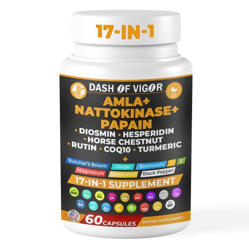 [BRSRAFQDBYIWYCD7] Dash of Vigor Amla Extract, Nattokinase, Papain, Diosmin, Hesperidin, Butchers Broom, Horse Chestnut, CoQ10, Turmeric, Vitamin C and Rutin - 60 Capsules