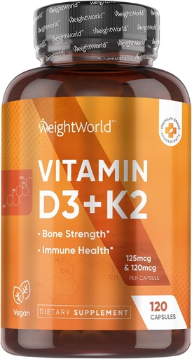 [BRSROC33PNYQIDTX] WeightWorld Vegan Vitamin D3 K2-120 Capsules - 5000 IU D3 & K2 120mcg for Bone Strength & Immune Health – K2 D3 Vitamin Supplement Plant-Based Cholecalciferol from Wild-Harvested Lichen