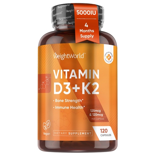 [BRSROC33PNYQIDTX] WeightWorld Vitamin D3 K2 5000IU Capsules for Bone Strength, Teeth, Immune Health & Maximum Calcium Absorption - 120 Ct - K2 D3 Vitamin Supplements - Vegan D3 and K2 Supplements, Non-GMO, Gluten-Free