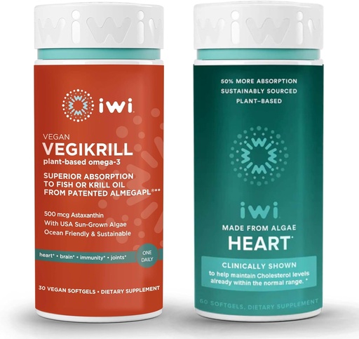 [BRSRAYIPCMJQMEQU] iwi Life Vegikrill & Heart Omega-3 Bundle, 30 Servings, Vegan Plant-Based Algae Omega 3, Krill & Fish Oil Alternative, No Fishy Aftertaste