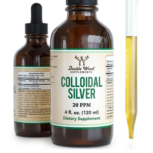 [BRSWYH35A5YQGCLP] Colloidal Silver Liquid 20 PPM - 4 Fl OZ (Plata Coloidal with Dropper) 99.9% Pure, Gluten Free, Non-GMO by Double Wood Supplements
