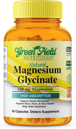 [BRSROCQEBZ5QAD3L] Greenfield Nutritions Halal Magnesium Glycinate 120mg (60 kapselia) - Gluteeniton puhdas magnesium täydennysosa - Halal vitamiini tukee hermo-, sydän-, luu- ja lihasliikkeet