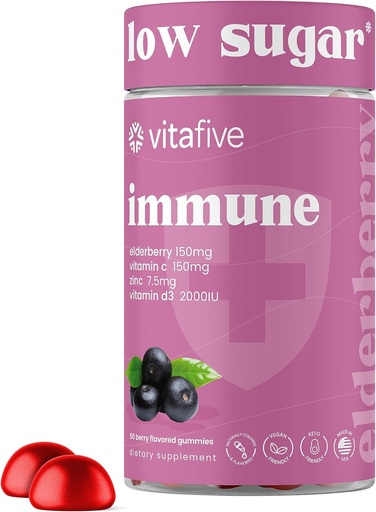 [BRSROFL7BEJR4FD2] vitafive Elderberry Gummies - Low Sugar Immune Support for Adults - with Vitamin C and Zinc Citrate - Vegan, Allergen Free (50 Ct)