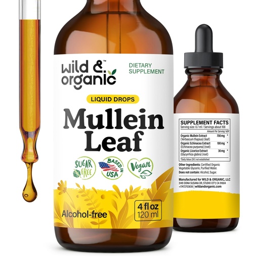 [BRSROY34BUDQMH3D] Wild & Organic Mullein Drops for Lungs - Cleanse and Detox - Liquid Mullein Leaf Extract for Lungs with Echinacea - Add to Tea - Verbascum Thapsus Tincture - Sugar & Alcohol-Free Supplement - 4 fl oz