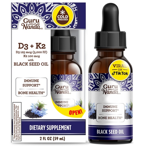 [BRSROZIHAB5AGF3A] GuruNanda Black Seed Oil, Cold-Pressed Nigella Sativa - Rich in Vitamin D3 5000 Units, K2 & E, High Thymoquinone | Potent Antioxidant for Immune Support, Non-GMO, 2 Fl.oz