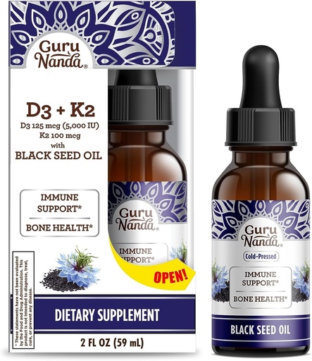 [BRSROZIHAB5AGF3A] GuruNanda Black Seed Oil, Kylmäpaineinen Nigella Sativa - Rikas D3-vitamiini 5000 yksikköä, K2 & E, korkea Thymokinoni ... Potent Antioksidantti immuunitukeen, ei-GMO, 2 Fl.oz