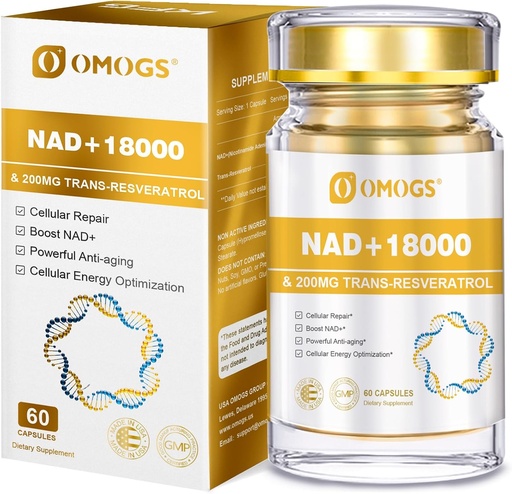 [BRSROEL3PMMGO2TK] OMOGS NAD + 300 mg + Trans-Resveratrol 200 mq, Pure NAD Təhlükəsizliyi, Max Absoreksiya, DNA Təmiri üçün Boosting, sağlam Ağlama, Cellular Energy & Longevity, 60 Capsules