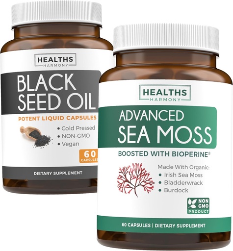 [BRSROC3YDJ4BQYDD] Black Seed Oil & Irish Sea Moss (1-Month Supply) - Wellness Duo Bundle of Black Seed Oil (60 Capsules) Cold-Pressed Nigella Sativa & Irish Sea Moss (60 Capsules) with Bioperine and Bladderwrack