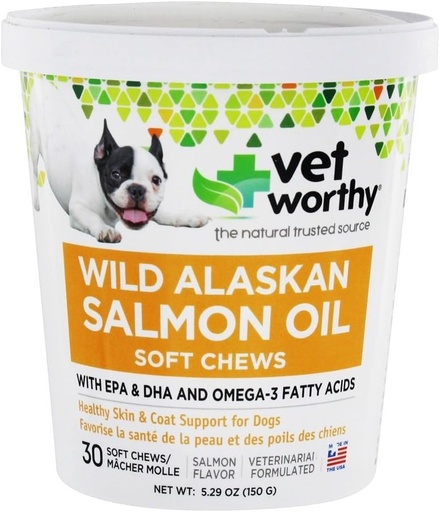 [BRSWGZTYA4MAIAAY] Vet Worthy Salmon Oil Skin and Coat Soft Chews for Dogs - Dog Supplement to Support Healthy Skin and Beautiful Coat - Fish Oil Supplement with Omega 3 Fatty Acids - Salmon Flavor - 30 Soft Chews