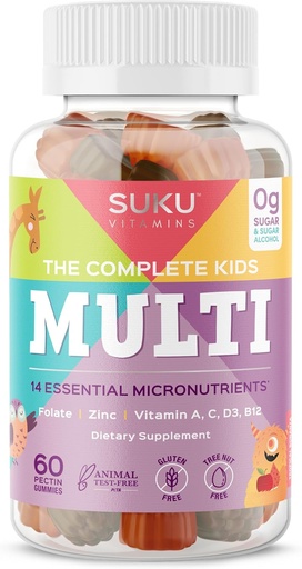 [BRSWYBQ7OUFGKC3Z] SUKU The Complete Kids Multivitamin Gummies – Vitamins A, C, D, E, B6, B12, Folate & Zinc – Immune Support, Sugar-Free, Gluten-Free, Non-GMO, Tropical Bonanza Flavor – 60 Count
