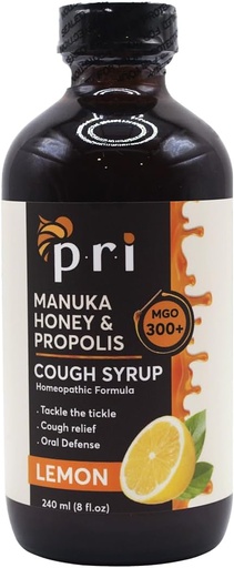 [BRSWIZD6OUNBM3A7] P.R.I Natural Dry Cough Syrup met Manuka Honing, Propolis, Tea Tree Oil en Vitamine C - Sore Throat & Immuun Support, Citroen smaak, 8oz