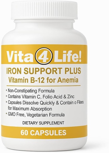 [BRSWI2QIOMIBEEL4] Vita4 Life!® Suport de Ferro a més - 40mmg Iron amb Vitamina C, B-12, Àcid fàlic i Zinc - 60 Capules - Fórmula no funcionals per a la Cel·la Roja i Energia - Vegetarian & GMO-Free