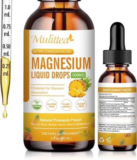 [BRSRAGQ7CBYWAYA7] Magnesium Liquid Drops - High Absorption 5-in-1 Magnesium Complex Supplement with Magnesium Glycinate, Malate, Citrate, Taurate - for Bone, Muscles, Nerves & Energy - Vegan, Sugar Free, 2 Fl.oz