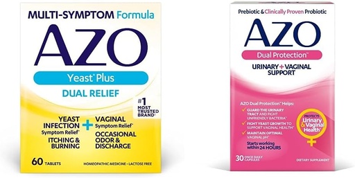 [BRSROGQCBN6WCEI6] AZO Yeast Plus Dual Relief 60 Tablets, Yeast Infection & Vaginal Symptom Relief + Dual Protection, Urinary + Vaginal Support*, Prebiotic Plus Clinically Proven Women's Probiotic 30 Count