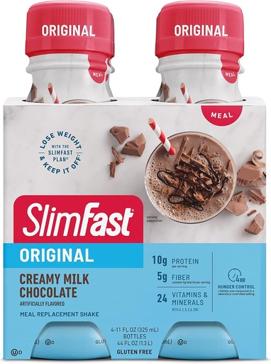 [BRSWKZACCMCGYFY5] SlimFast Meal Replacement Shake, Original Creamy Milk Chocolate, 10g of Ready to Drink Protein for Weight Loss, 11 Fl. Oz Bottle, 4 Count (Packaging May Vary)