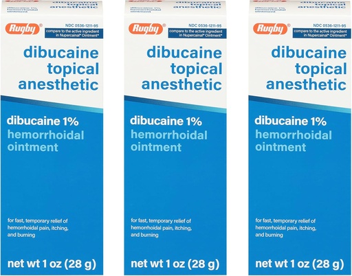 [BRSWYGAYOUHR4HIY] Rugby Dibucaine Topical Anesthetic 1% Hemorrhoid Ointment - Pain Relief Cream for Itching and Burning, Hemorrhoid Treatment, Anti Itch Cream 1 Oz (3 Pack)