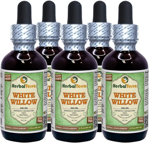 [BRSWGBQNDICBEDLB] White Willow (Salix Alba) Glycerite, Organic Dried Bark Alcohol-FREE Liquid Extract (Brand name: HerbalTerra, Proudly made in USA) 5x2 fl.oz (5x60 ml)