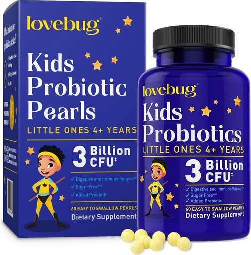 [BRSWKGQEDF5WG3I7] LOVEBUG Probiotics for Kids - Kids Probiotic Chewables with Prebiotics for Aged 4+, Daily Children’s Gut Health, Constipation, Digestive & Immune Support Supplement, Sugar-Free, 60 Soft Pearls