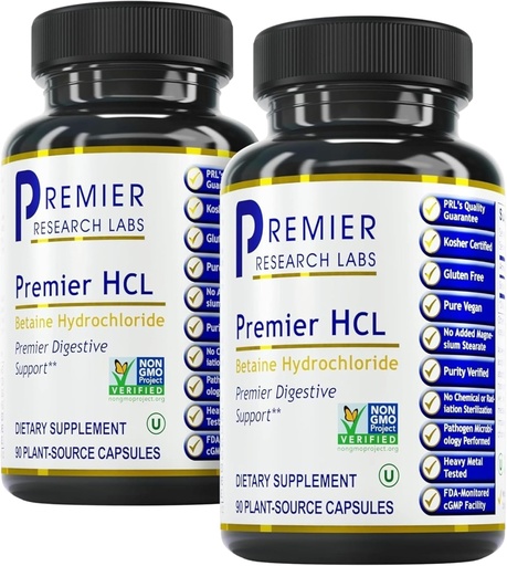 [BRSWKFA7OMMWAC32] Premier Araşdırma Labs Premier HCL - Betaine HCL, Betaine Hydrochloride Optimal Digestive funksiyası üçün ekspert, Low Stomach Acid- 90 Vegetarian Kapsül (2 Paket)