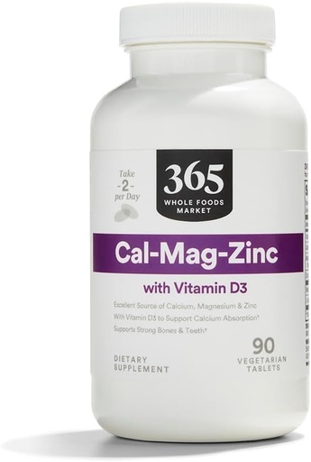 [BRSWGZQBOYAWK3A2] 365 by Whole Foods Market, Cal-Mag-Zinc with D3-vitamiini, kasvissyöjä, 90 Count