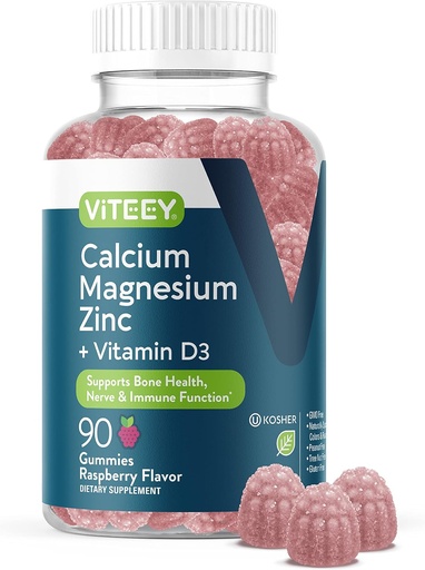 [BRSRMZY6OF5RMETA] Viteey Calcium Magnesium Zinc Gummies with Vitamin D3 - Supports Bone Health, Nerve & Immune Function - Calcium Magnesium Zinc D3 for Adults & Teens - GMO Free - Chewable Raspberry Flavored Gummy