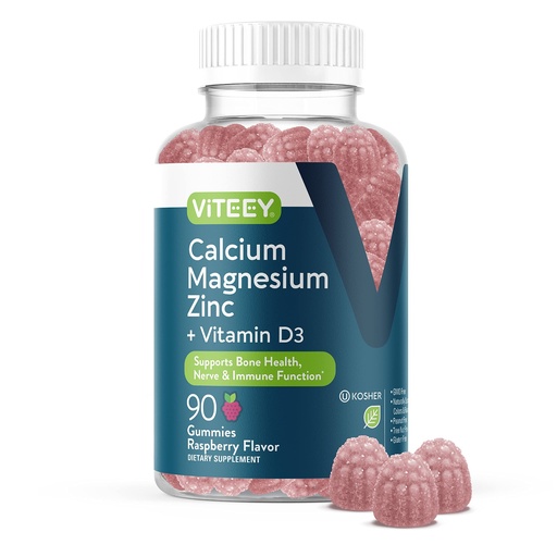 [BRSRMZY6OF5RMETA] Viteey Calcium Magnesium Zinc Gummies with Vitamin D3 - Supports Bone Health, Nerve & Immune Function - Calcium Magnesium Zinc D3 for Adults & Teens - GMO Free - Chewable Raspberry Flavored Gummy