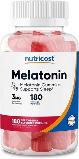 [BRSWYCYZBMJWAHIZ] Nutricost Melatonin 3mg, 180 Gummies, Strawberry Flavored - Gluten Free, Non-GMO, No Corn Syrup