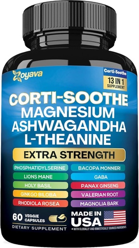 [BRSRAZQROVYB4F3Z] Zoyava Corti-Soothe Cortisol Supplement Magnesium Glycinate 200mg L-Theanine 150mg Ashwagandha 150mg Phosphatidylserine Cortisol Manager Lions Mane Ginkgo Biloba Bacopa Monnieri Valerian Root 60 Caps