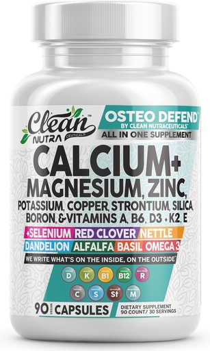 [BRSRAEIBOYAQMCT2] Allin1 Calcium Magnesium Zinc Supplement with Potassium, Copper, Strontium, Silica, Vitamin D3 K2, Boron, Vitamin B1 B12 Red Clover Herb Alfalfa Basil Pills for Men & Women Clean Nutra Osteo Defend