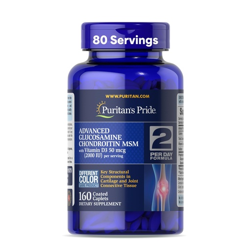 [BRSWGZTYCECAOFA7] Puritan's Pride Advanced Glucosamine Chondroitin MSM with Vitamin D3 50mcg (2000 IU), Dietary Supplement for Joint Health, 80 Servings, 160 Coated Tablets
