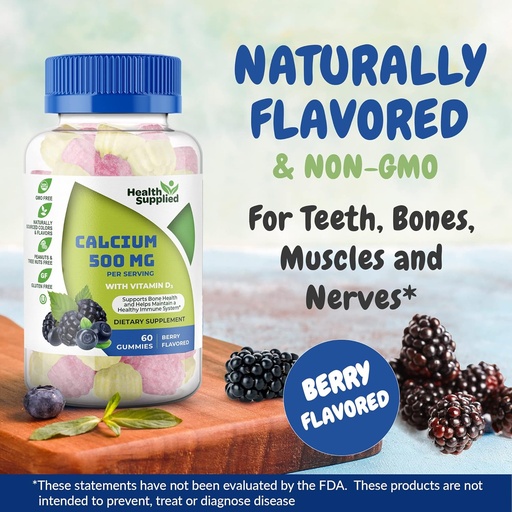 [BRSRMBI2BMCAYD3V] Calcium 500mg con vitamina D3 1000 IU Gummies | Supplemento dietetico giornaliero | Forza di ossa, crescita, denti | per adulti, adolescenti, bambini | Grande gusto naturale di vitamina di aroma di bacche