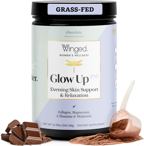 [BRSRMAQQPJ5QKEL7] Winged Wellness Glow Up PM Collagen Peptide Powder | Evening Skin and Relaxation for Glowing Skin and Sweet Sleep. Grass Fed Collagen w/Magnesium, L-Theanine and Melatonin I Chocolate, 21 Servings