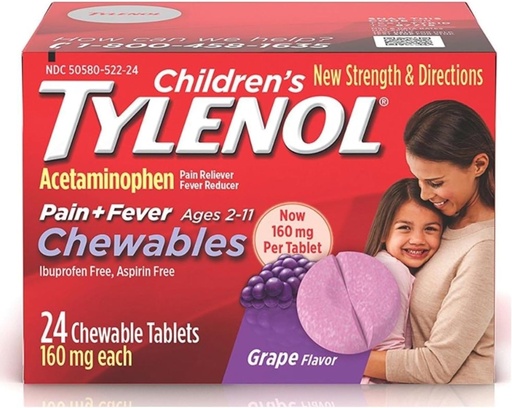 [BRSWGYYFC4CWEFLZ] כאב הילדים + Fever Chewables Tablet 160 מ"ג, Grape Flavor 24 ea (3 Pack)