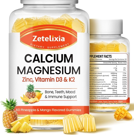 [BRSRAYLYB4NBOEIU] Calcium Gummies for Women Men, Calcium Magnesium Zinc with Vitamin D3 & K2, Calcium Magnesium Supplement for B0nes Muscles, Pineapple & Mango Flavor - 120 Count