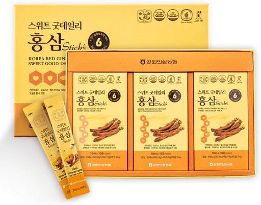 [BRSWGBQDBYGQKA3L] [Gangwoninsam] Korean Red Ginseng Extract Sweet Good Daily Stick 30 Count – Contains 6 Year Korean Red Ginseng Extract, Korean Food, Individually Packaged, 0.35 fl. oz (10ml), 3 X 10-Count Box