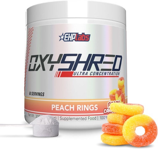 [BRSRMAAEBZ7BOFLJ] EHP Labs OxyShred Pre Treenout Powder - Preworkout Powder with L Glutamiini & Acetyl L Carnitine, Energy Boost Drink - Persikka Candy Rings, 60 tarjoilua