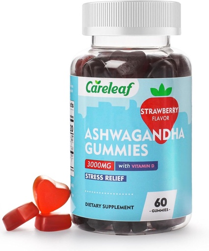 [BRSRAELQAV6QG2AU] Vegan Ashwagandha Gummies- 3000mg High Potence Ashwagandha Root Extract med D2-vitamin 124; Jordbær Flavor 124; 60 Cts / Flaske