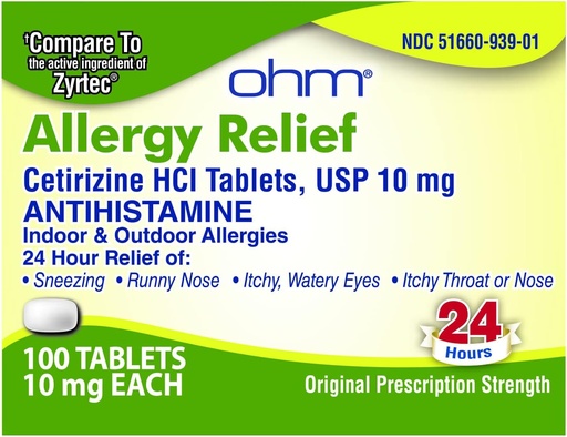 [BRSRM236DIHGMCI7] Ohm Cetirizine 10 mg Tableta - All Day Alergy Relief - 100 Štetje - Antihistaminik za Hay Fever, Pollen, Suhe Srbeče oči - Učinkovita olajšava iz vseh dnevnih alergij