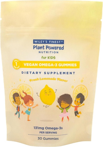 [BRSROEAYBZ4AOEY7] Wiley's Finest Kids Vegan Omega-3 Gummies - Natural Sugar - Vegetarian DHA, ALA & SDA - Gluten Free - Lemon Flavor, 30 Gummies