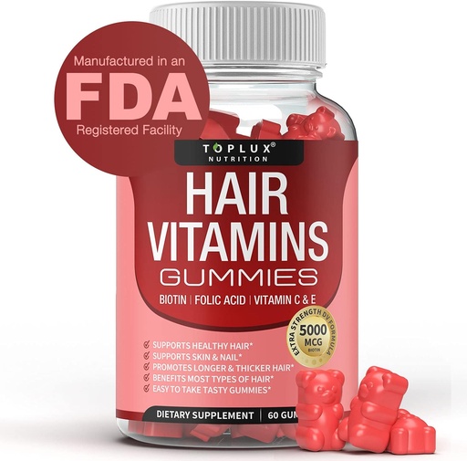 [BRSWYCQNPIPBOA36] Hair Vitamin Gummies Supplement for Women & Men – Hair Growth Vitamins 5000mcg Biotin Gummies, Folic Acid, Vitamin C & E, Support Stronger & Thicker Hair, Skin, Nails, Non-GMO Vegam for, 60 Count