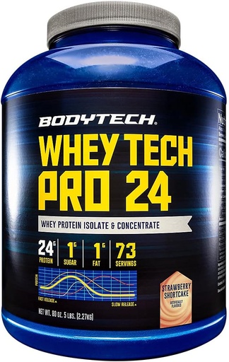 [BRSWIH3RAZ5GIYLY] BODYTECH Whey Tech Pro 24 Proteína Powder - Protein Enzyme Blend with BCAA's to Fuel Muscle Growth & Recovery, ideal para post-Workout Muscle Building - Strawberry Shortcake (5 Pound)