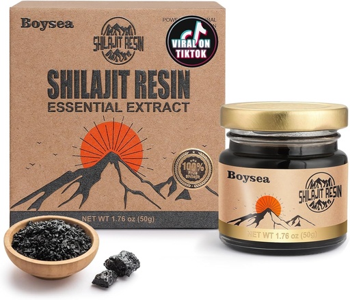 [BRSRAGL7CBYBSHTO] Boysea Shilajit Resin | 600 mg 80 + Servings | 85 + Trace Minerals & 75% + Fulvic Acid för Focus & Energy | Zero Sugar | Gold Grade Pure Shilajit för Män & Kvinnor - 1,76 Oz