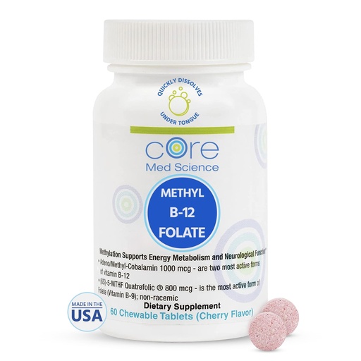 [BRSWKHQIAEMRCHDI] Core Med Science Methyl B12 Folate Supplement for Women & Men - 5-MTHF Pills Support Mood, Cognitive, & Heart Health - Methylfolate Vitamin B9 for Homocysteine Levels & Methylation Cycle (60 Count)